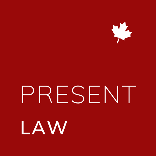 Company Logo for Present Law, being a red square with PRESENT LAW written on the bottom half in white, with a white maple leaf in the upper right corner.